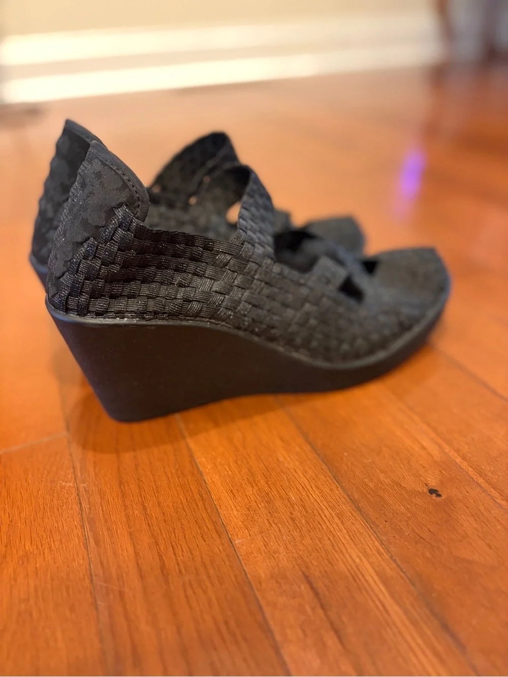 Steve Madden | Women's “Maryane” Black Woven Wedge Sandals - Comfort Style